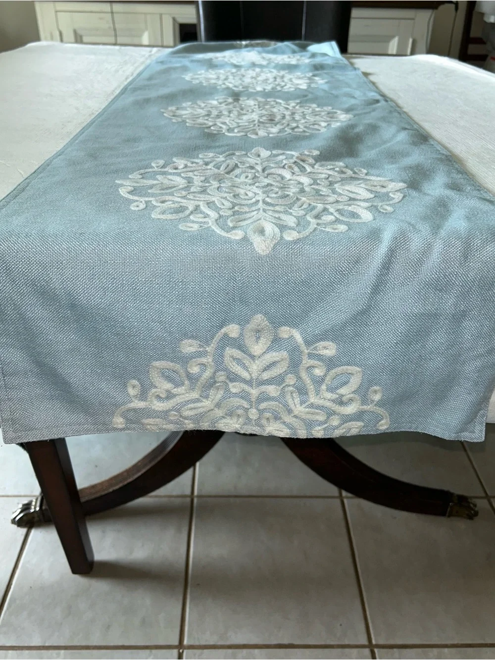 Embroidered Table Runner in Aqua & White. 80” x 15-1/2”. Lined. VGUC.